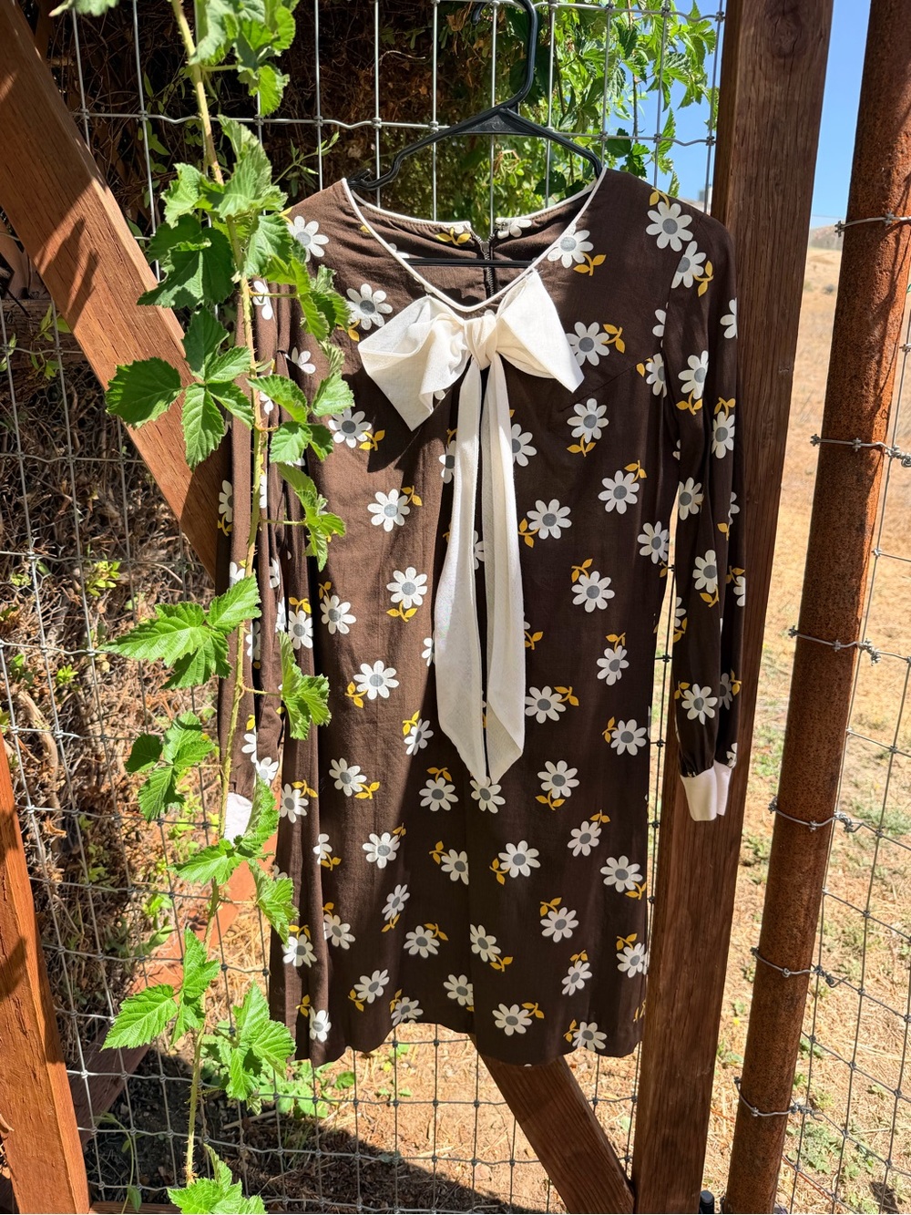 Vintage Brown Daisy Print Long Sleeve Dress with Cream Bow